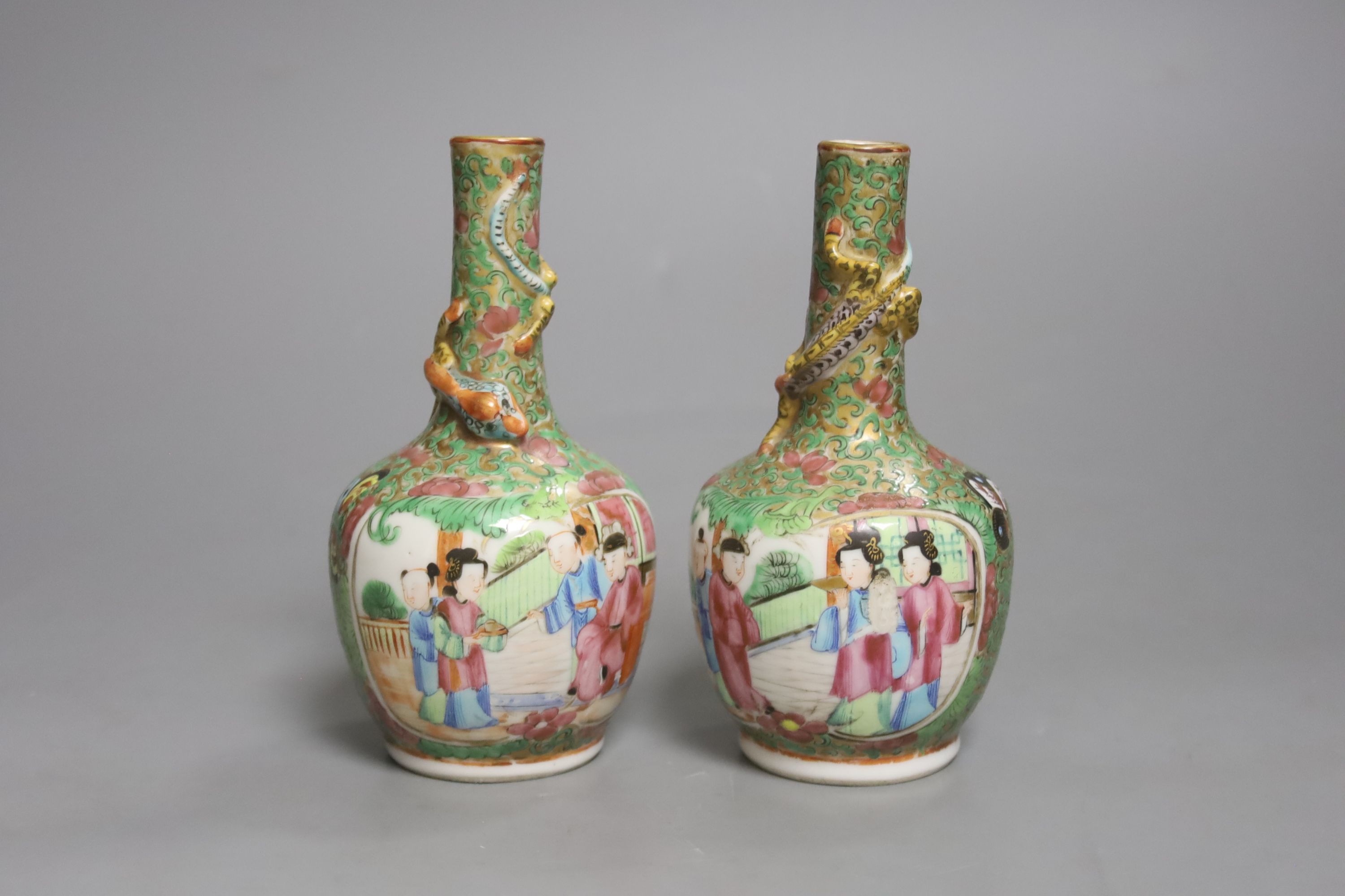 A pair of 19th century Canton bottle vases, height 14cm